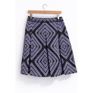 Tory Burch Women's Purple Black Geometric Pleated A Line Skirt Cotton Linen 10